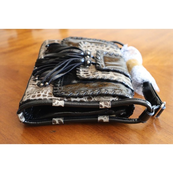 M.C. Patent Leather Blk Gray Faux Gator Print Purse Multiple Compartments Tassel - Picture 8 of 16